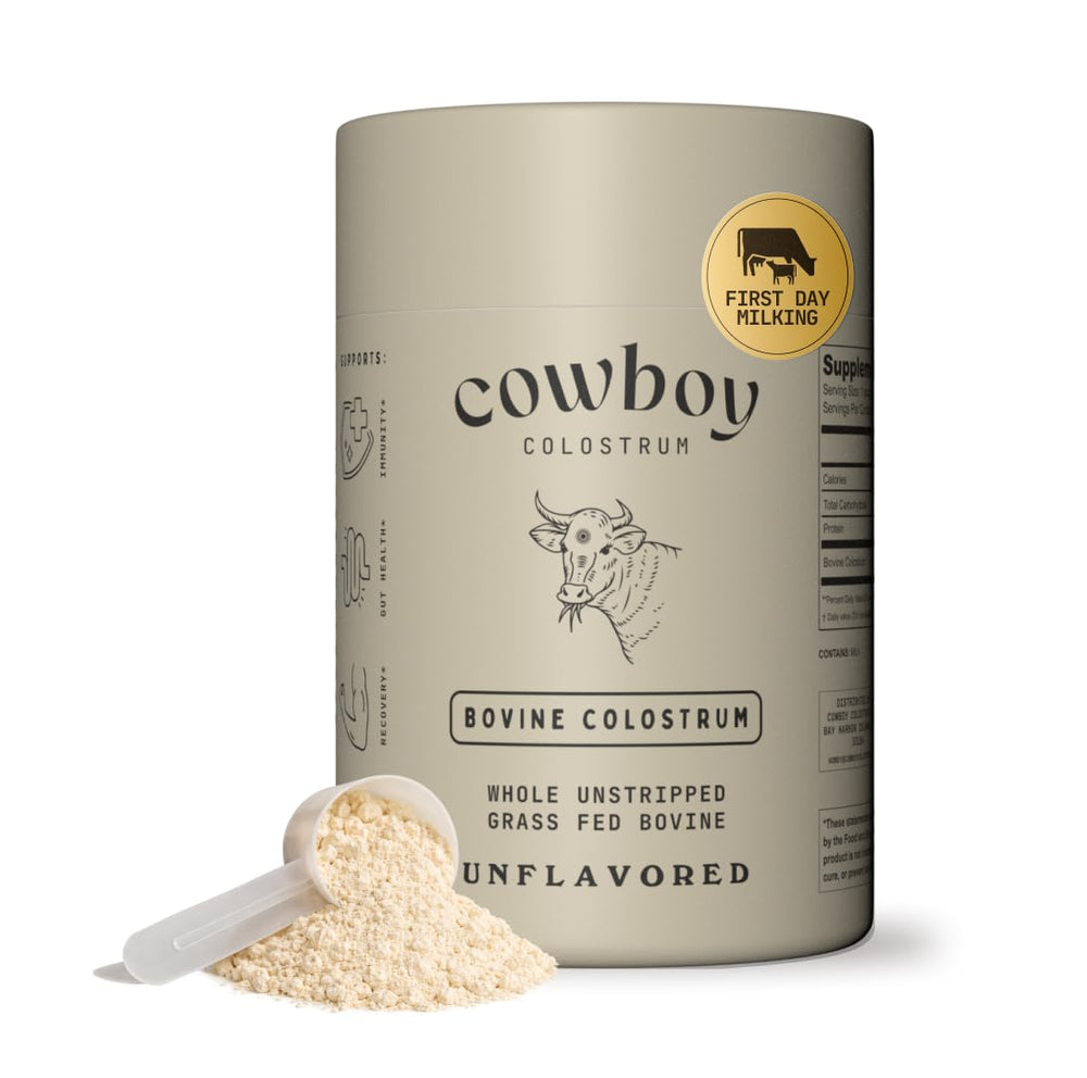 COWBOY COLOSTRUM frasco frontal mostrando el envase y beneficio de pureza