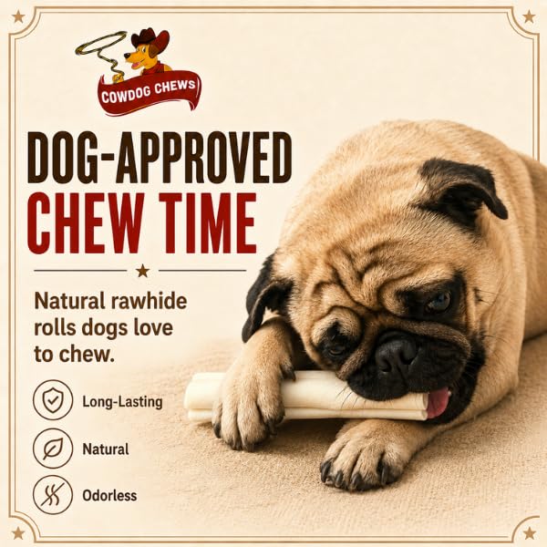 Cowdog Chews mano sosteniendo rollo para comparar tamaño 5-6 pulgadas