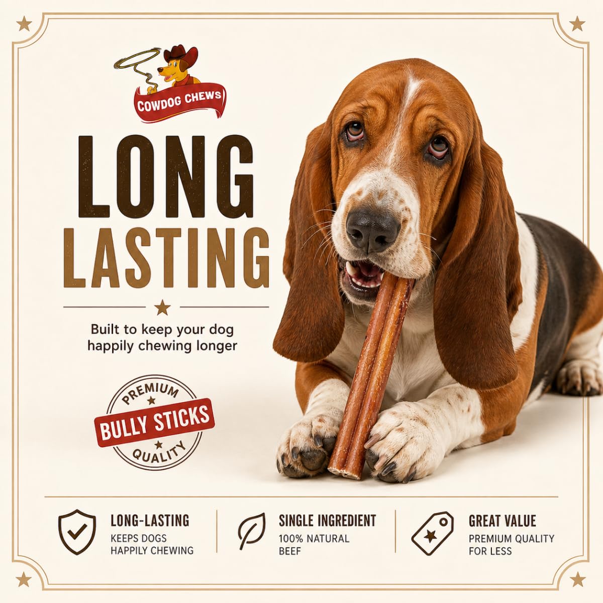 Cowdog Chews palito en mano para mostrar escala, ideal para escoger tamaño