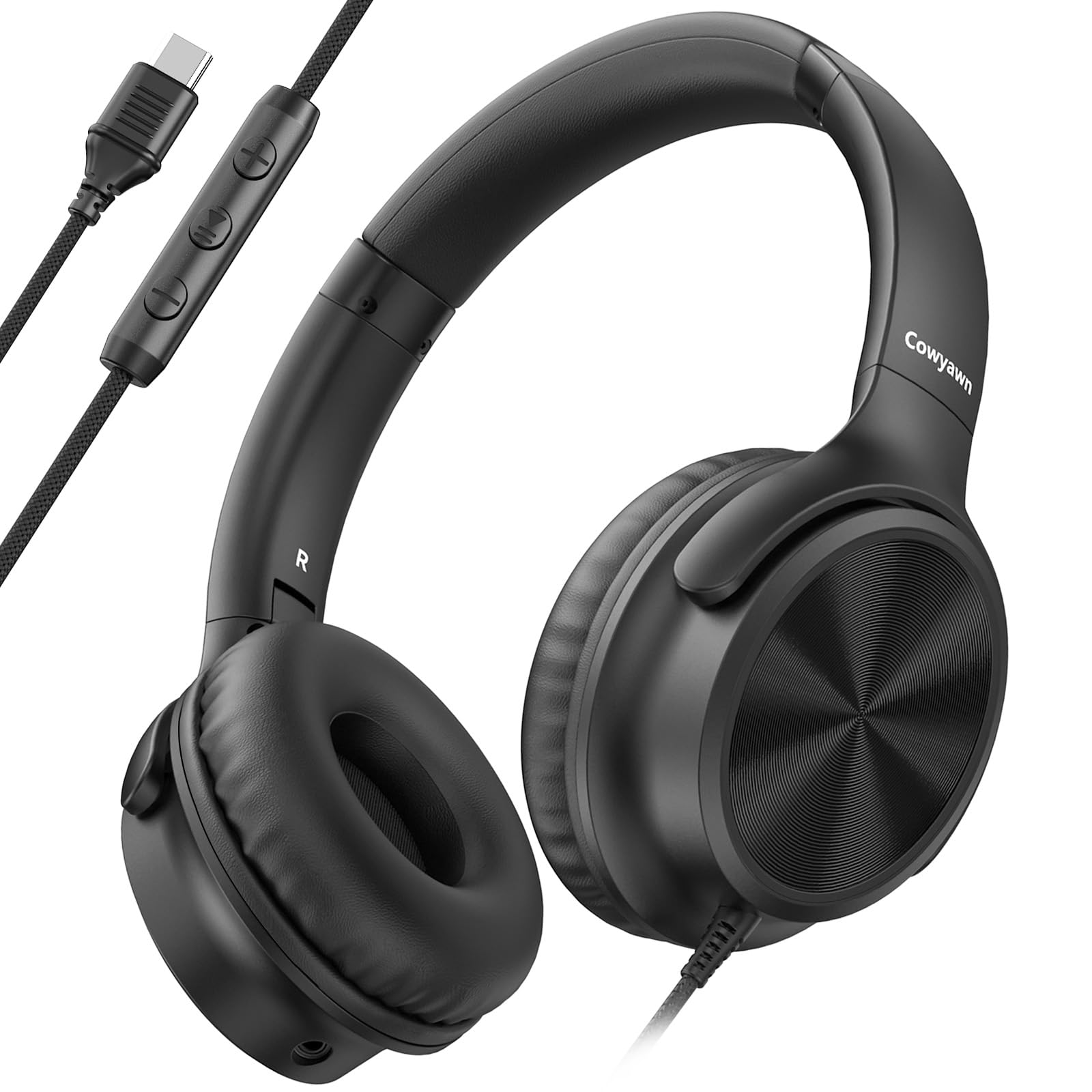 Cowyawn vista frontal del auricular con diseño over-ear y estética negra, calidad y confort