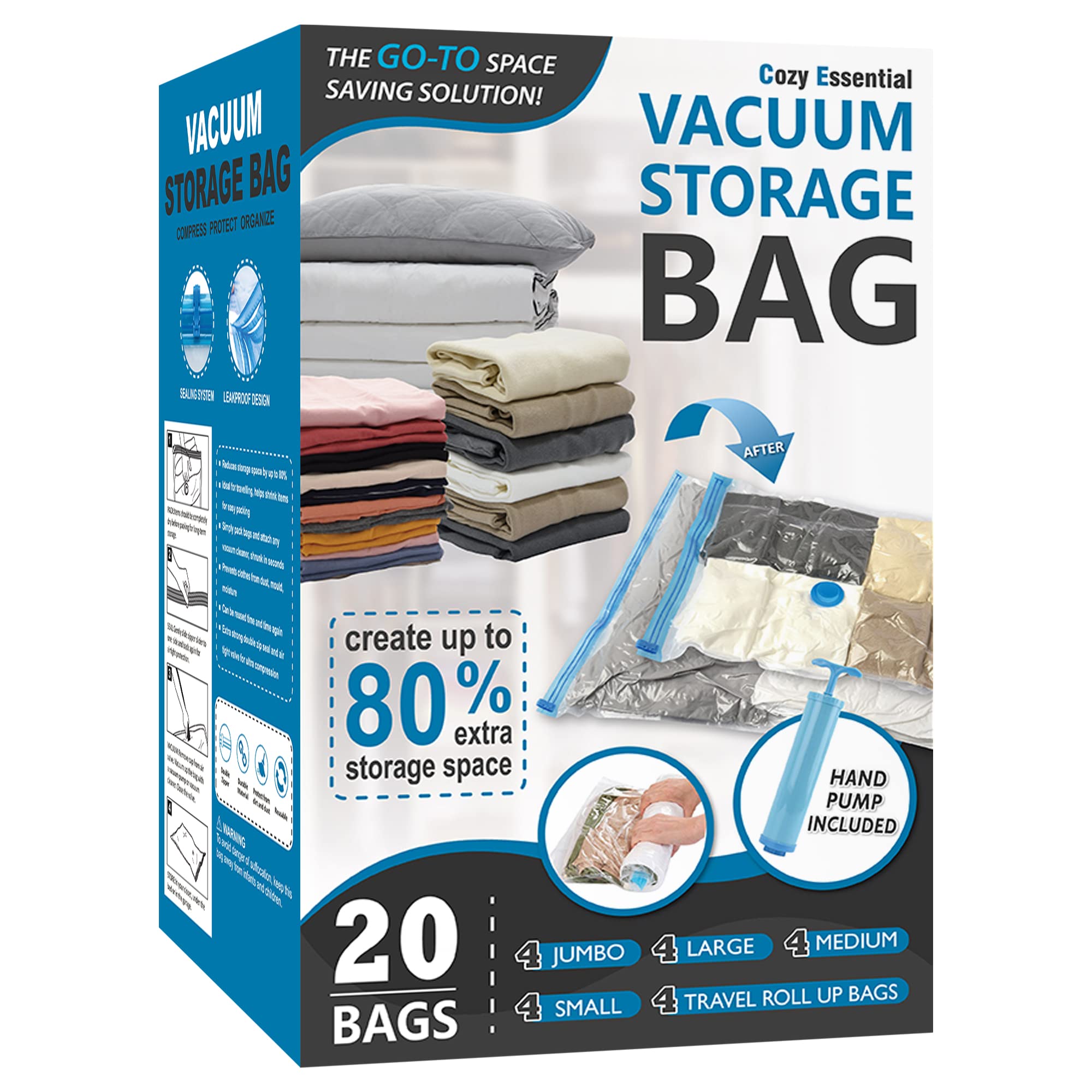 Cozy Essential frente del paquete mostrando 20 bolsas y bomba, optimiza espacio