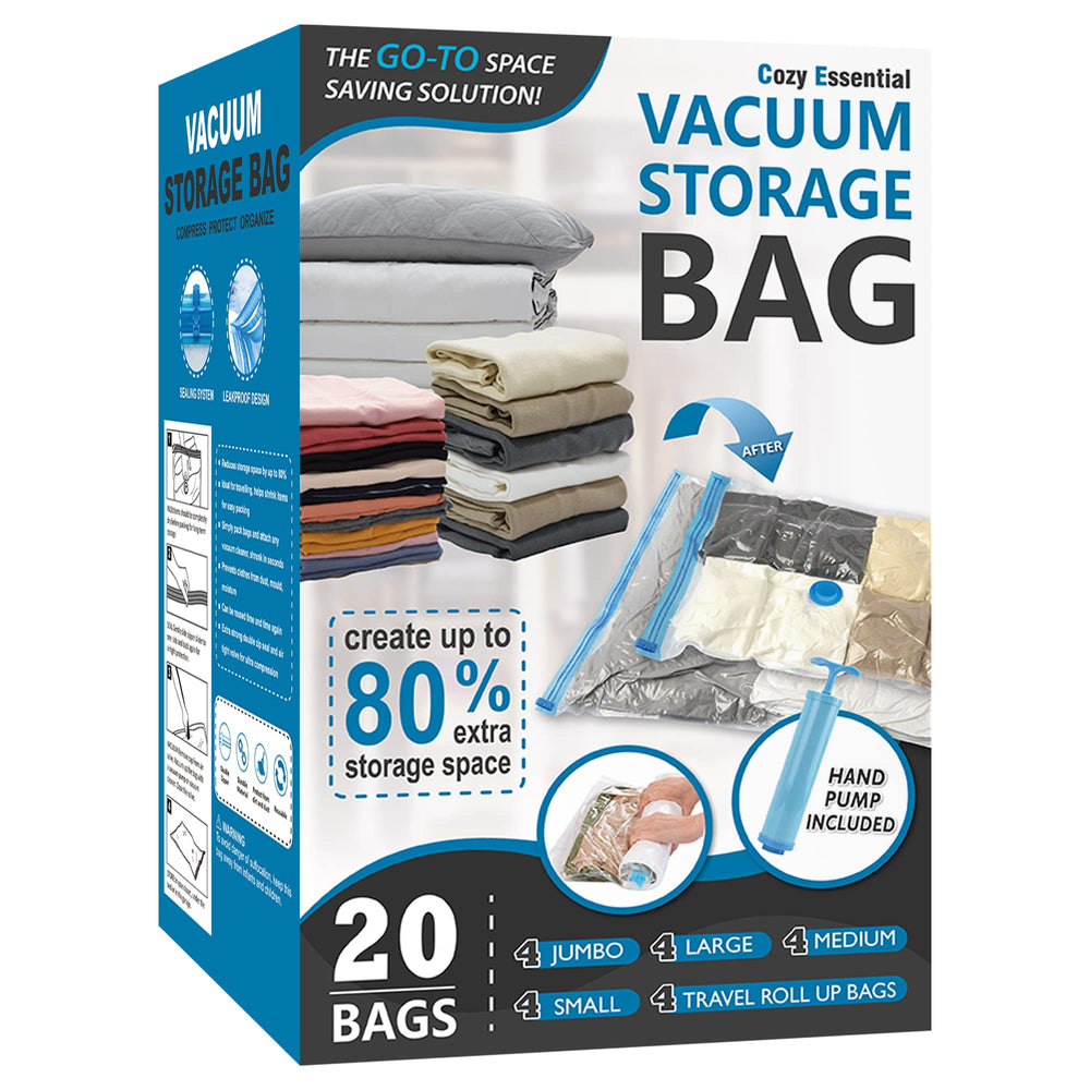Cozy Essential frente del paquete mostrando 20 bolsas y bomba, optimiza espacio