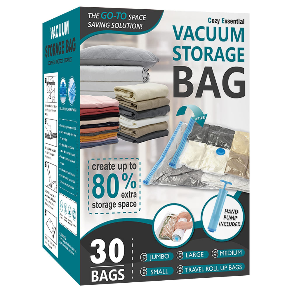 Cozy Essential frente del pack mostrando 30 bolsas para ahorro de espacio