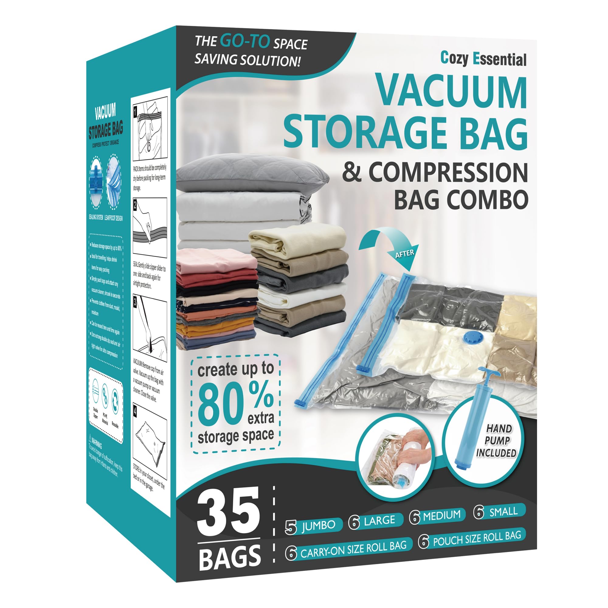 Cozy Essential frontal del paquete mostrando las 35 piezas y ahorro de espacio
