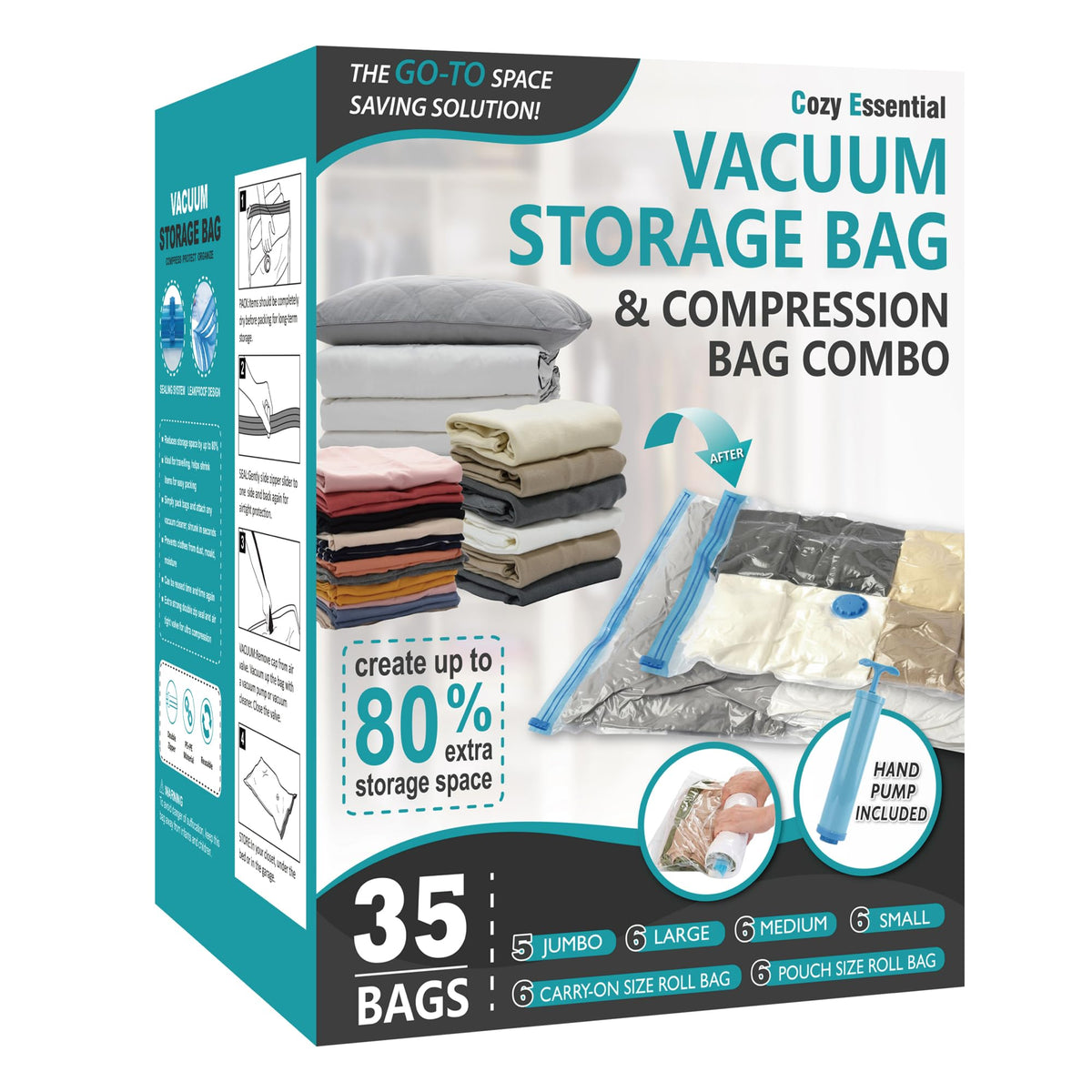 Cozy Essential frontal del paquete mostrando las 35 piezas y ahorro de espacio