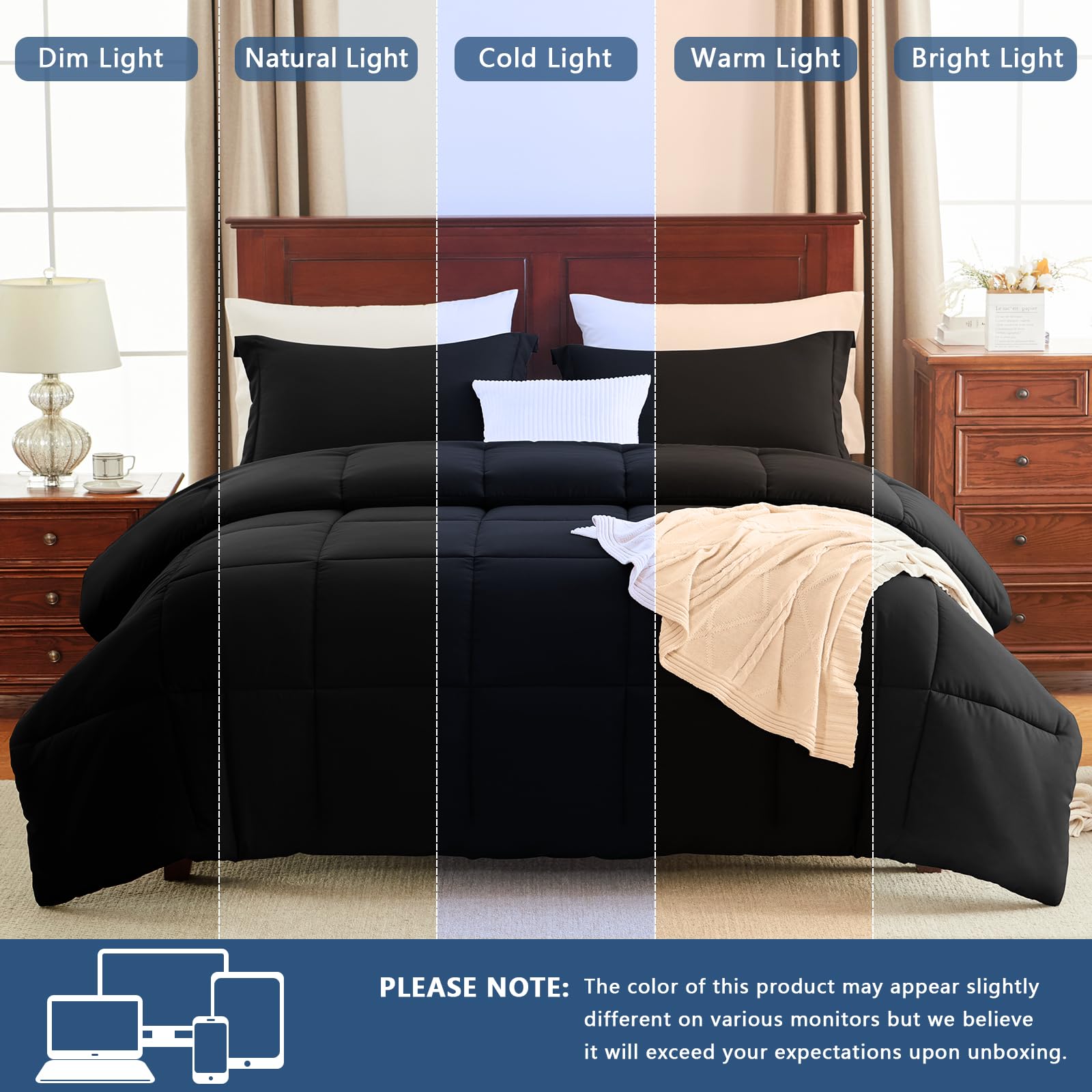 CozyLux combinación de negro con decoración que realza el dormitorio