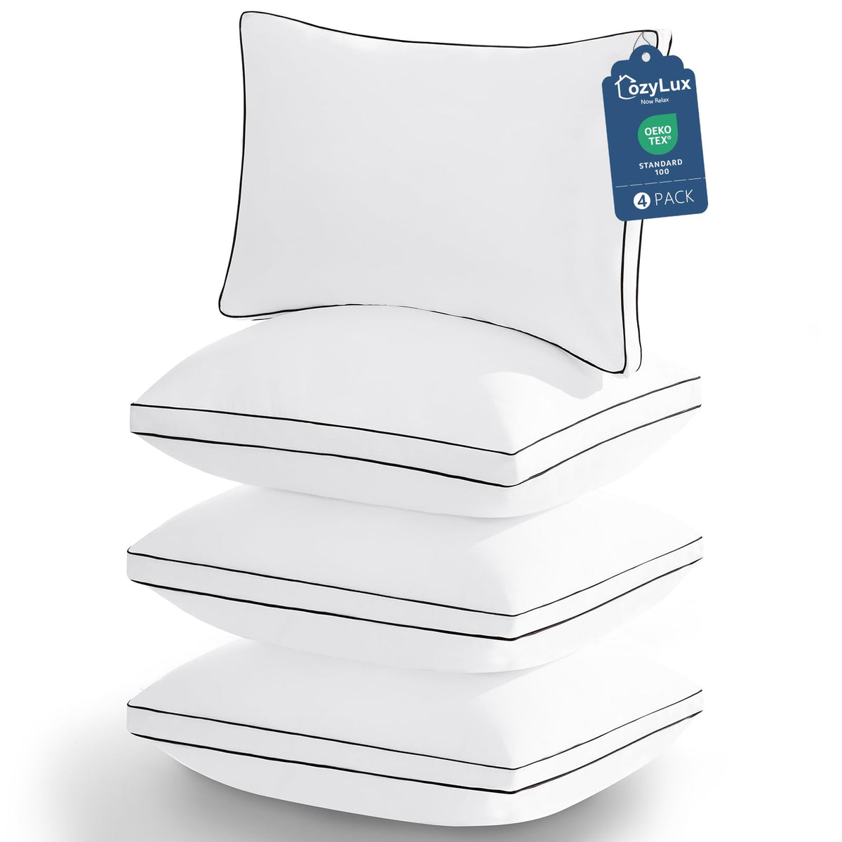 CozyLux frontal paquete de cuatro almohadas mostrando aspecto pulcro y beneficio de renovación