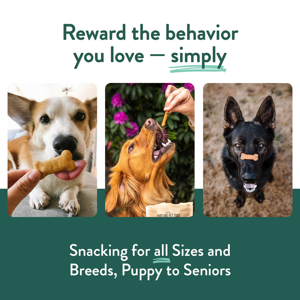 CRAFTED BY HUMANS LOVED BY DOGS dog enjoying a biscuit illustrating high palatability