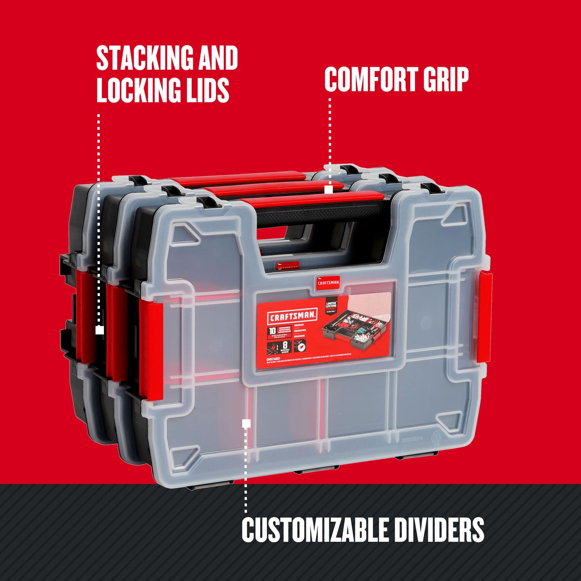 CRAFTSMAN cajas apiladas en estantería mostrando estabilidad y orden
