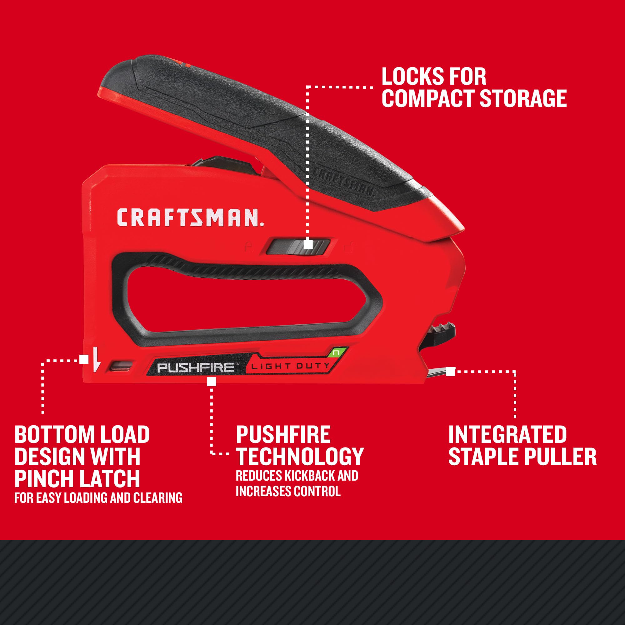 CRAFTSMAN detalle del mecanismo PUSHFIRE mostrando menor retroceso y precisión