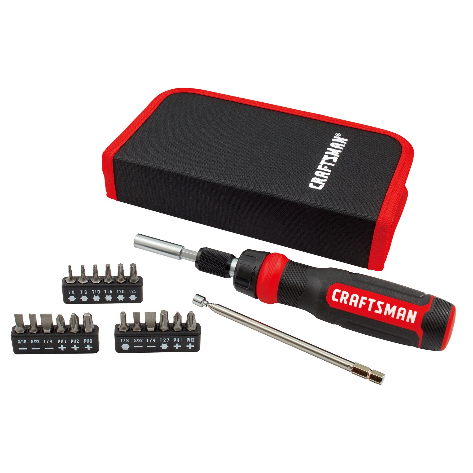 CRAFTSMAN vista frontal del estuche abierto con 26 piezas, organización rápida