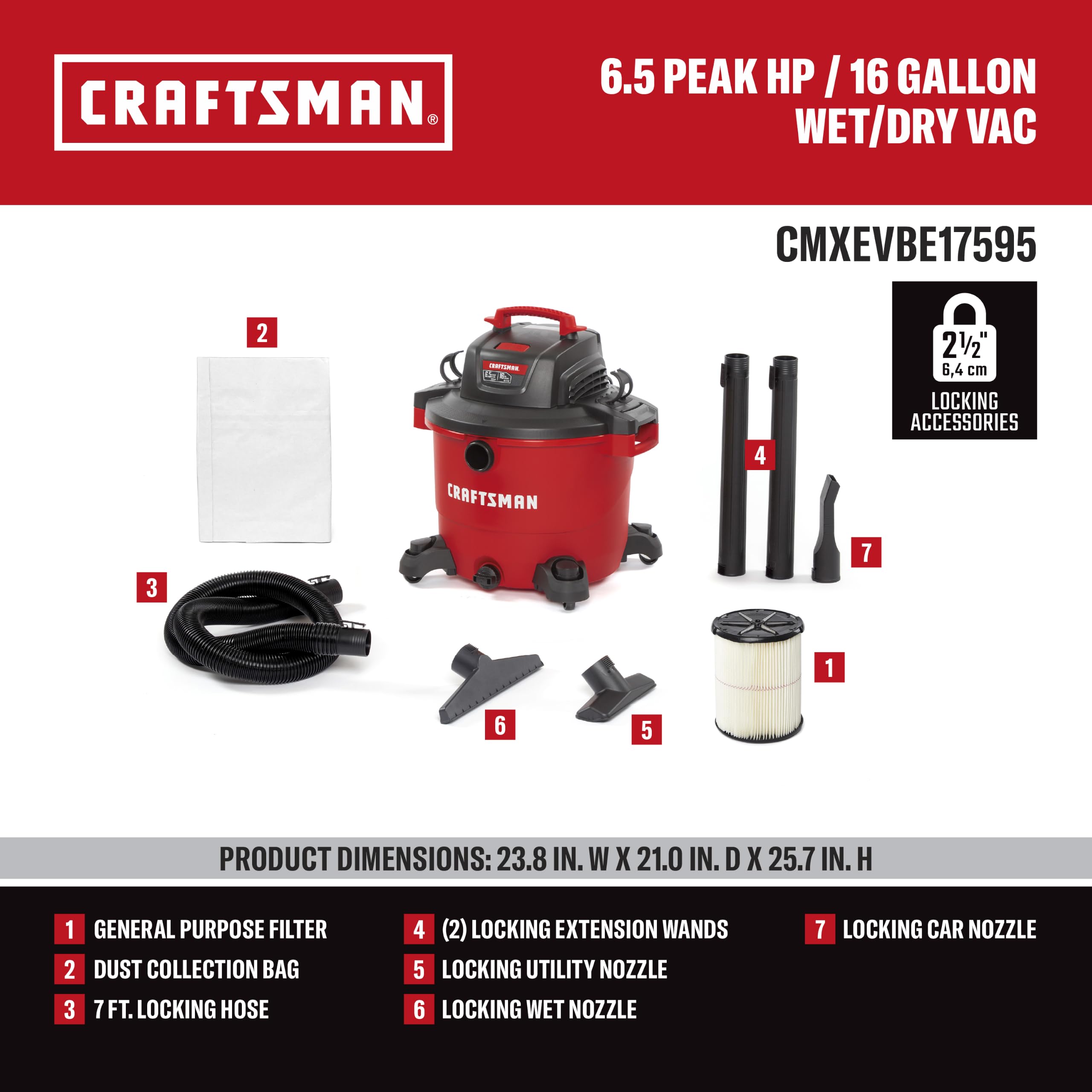 CRAFTSMAN primer plano del motor 6.5 Peak HP para succión intensa