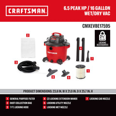 CRAFTSMAN primer plano del motor 6.5 Peak HP para succión intensa