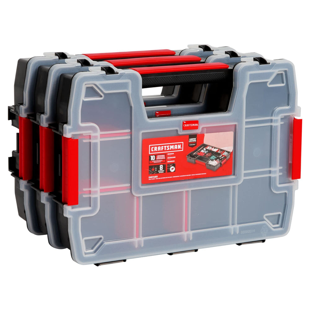 CRAFTSMAN organizador frontal mostrando 10 compartimentos y tapa segura