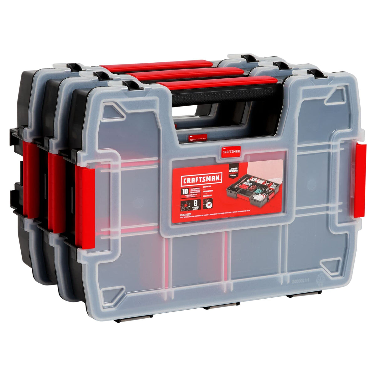 CRAFTSMAN organizador frontal mostrando 10 compartimentos y tapa segura