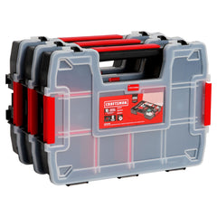 CRAFTSMAN organizador frontal mostrando 10 compartimentos y tapa segura