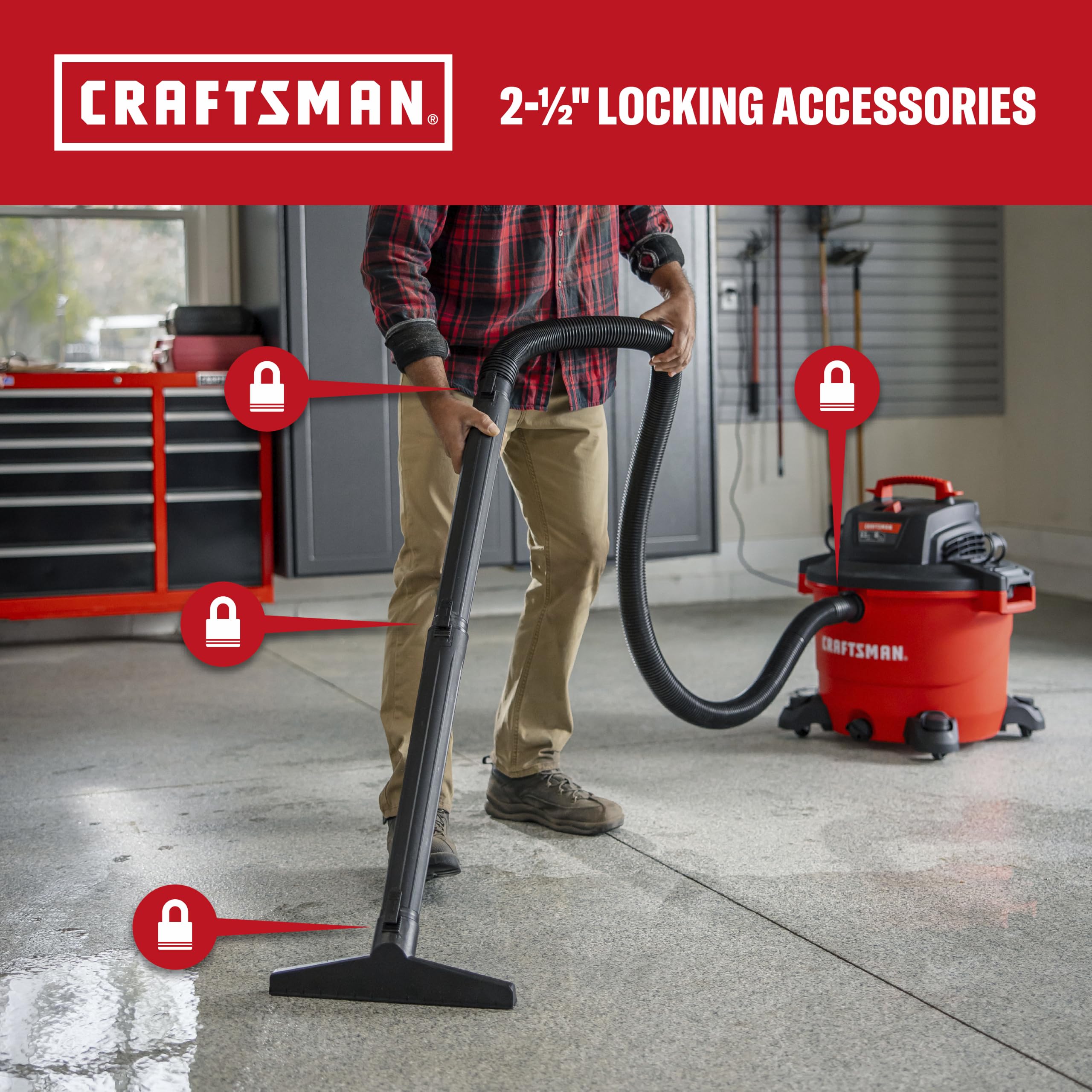 CRAFTSMAN en uso en garaje limpiando escombros y líquidos fácilmente