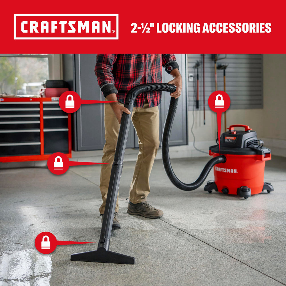 CRAFTSMAN en uso en garaje limpiando escombros y líquidos fácilmente