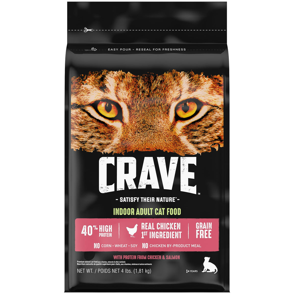 Crave 4 lb bag front packaging showing chicken and salmon benefits