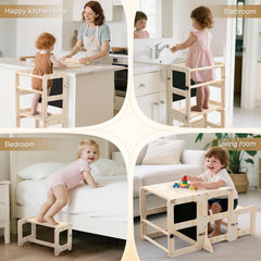 Cravenook niño usando la torre en la encimera con supervisión adulta