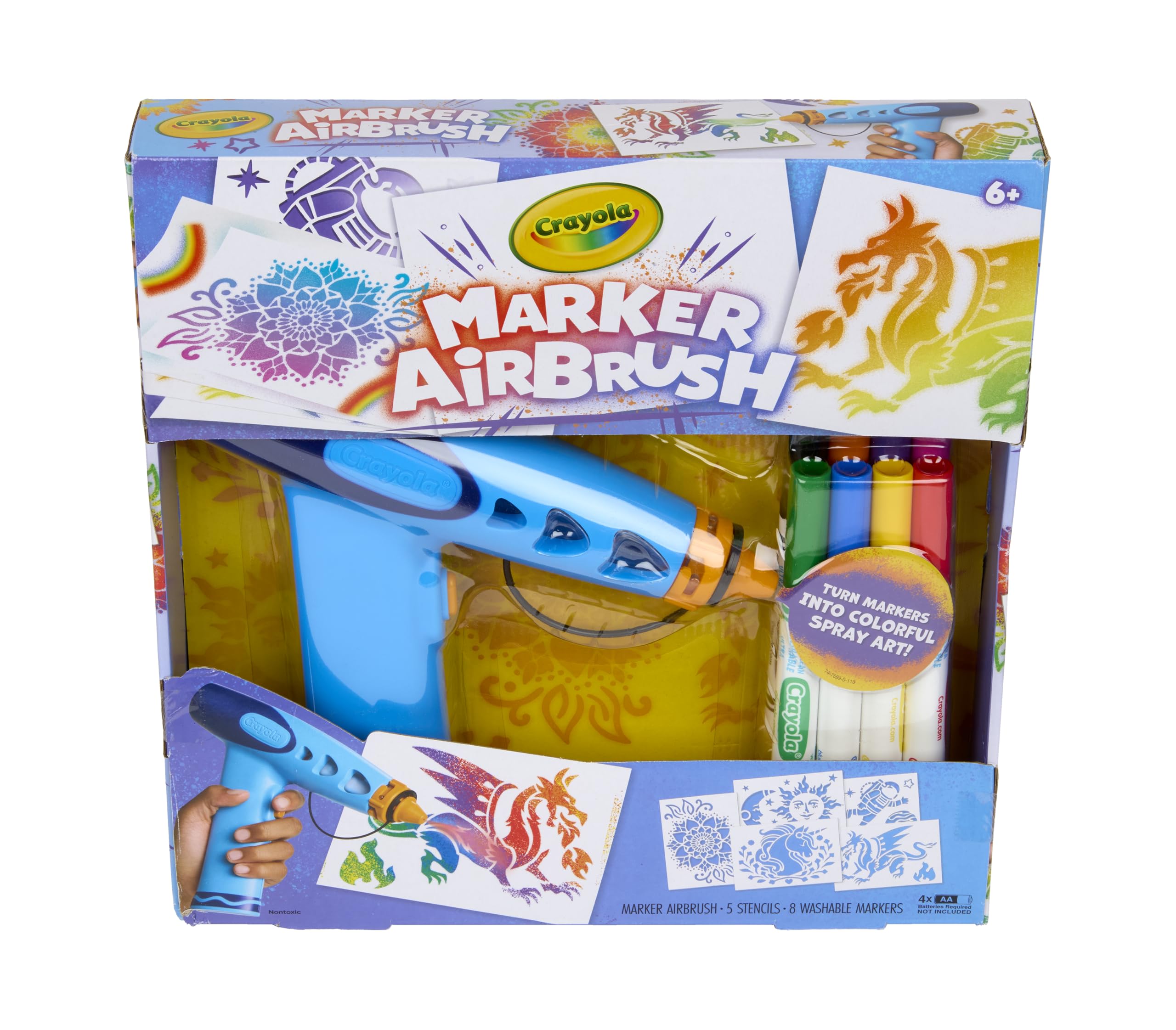 Crayola aerógrafo frontal mostrando diseño y botón fácil de usar