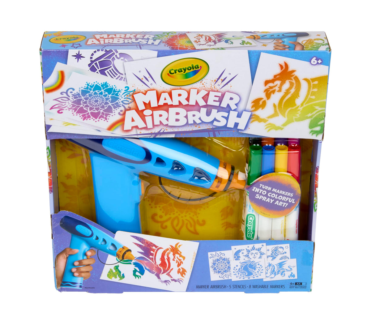 Crayola aerógrafo frontal mostrando diseño y botón fácil de usar