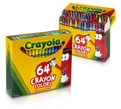 Crayola caja frontal mostrando 64 colores y sacapuntas integrado para mayor organización