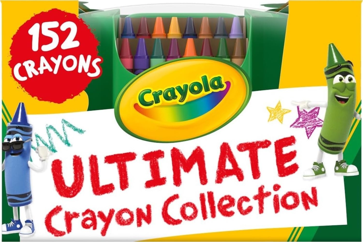 Crayola caja frontal organizador mostrando 152 crayones y fácil selección