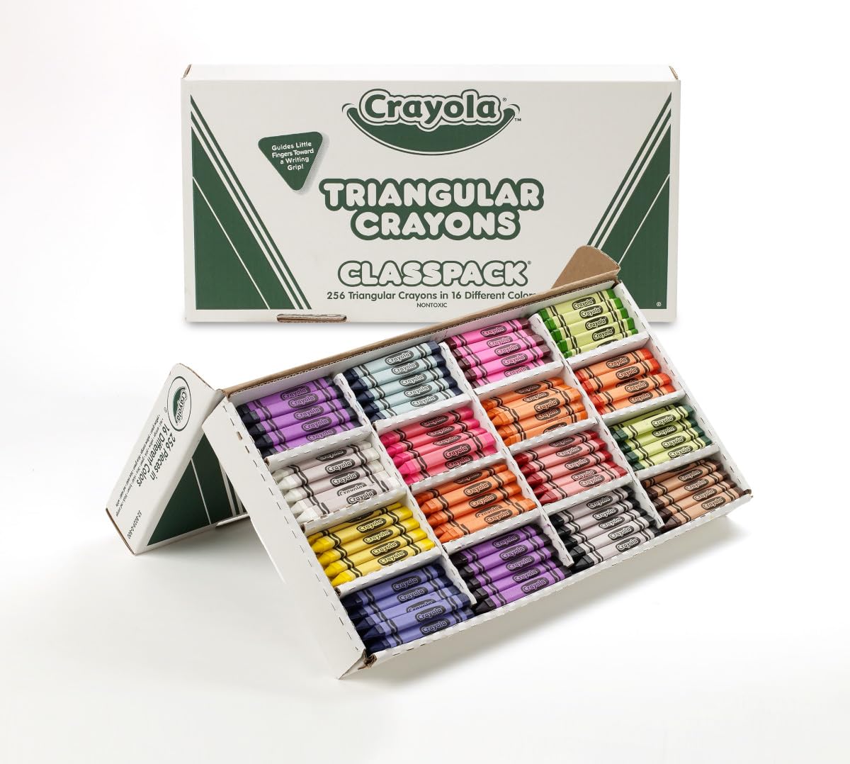 Crayola caja abierta con compartimentos por color, organización rápida