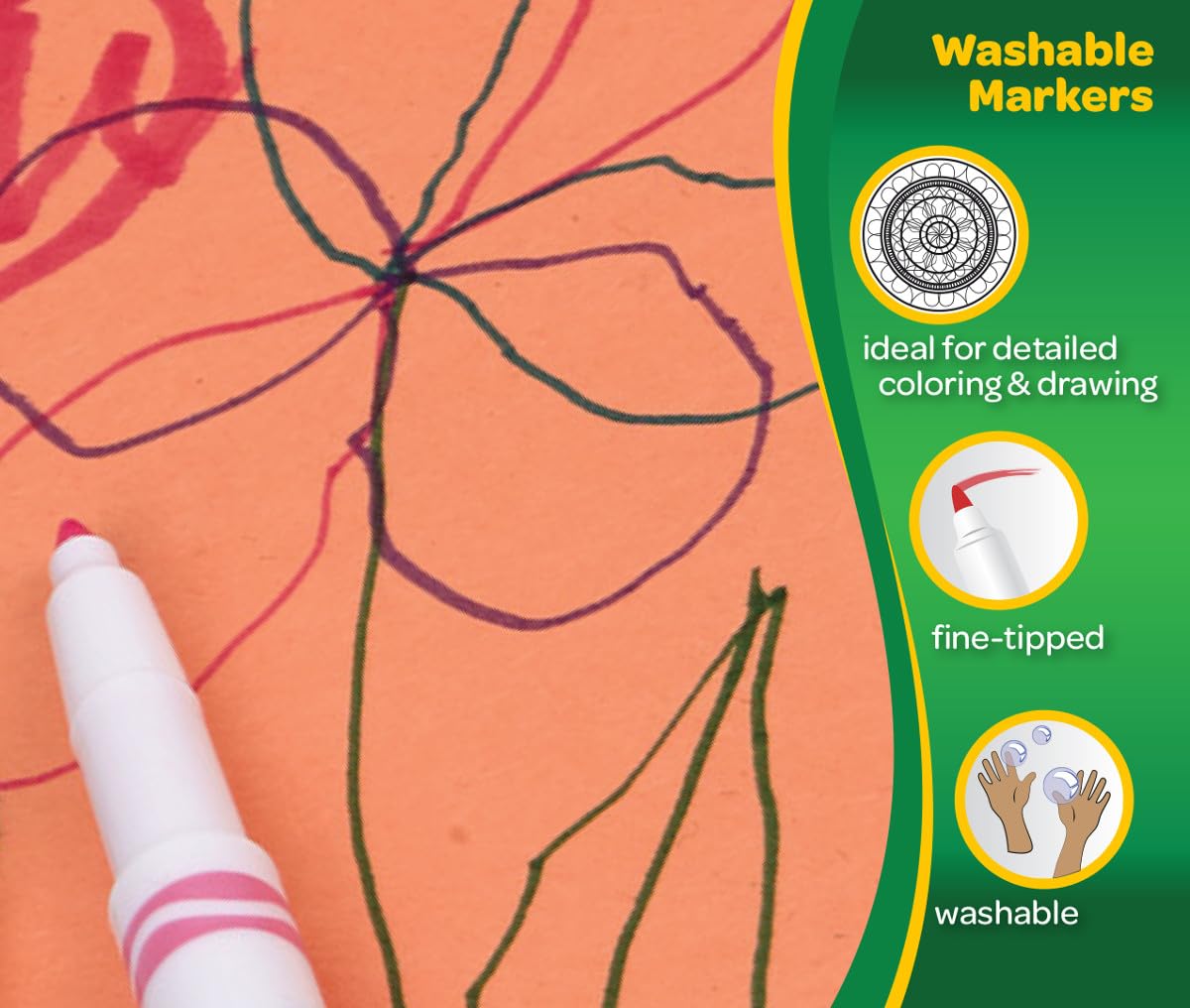 Crayola rotuladores en manos para comparar tamaño y ergonomía