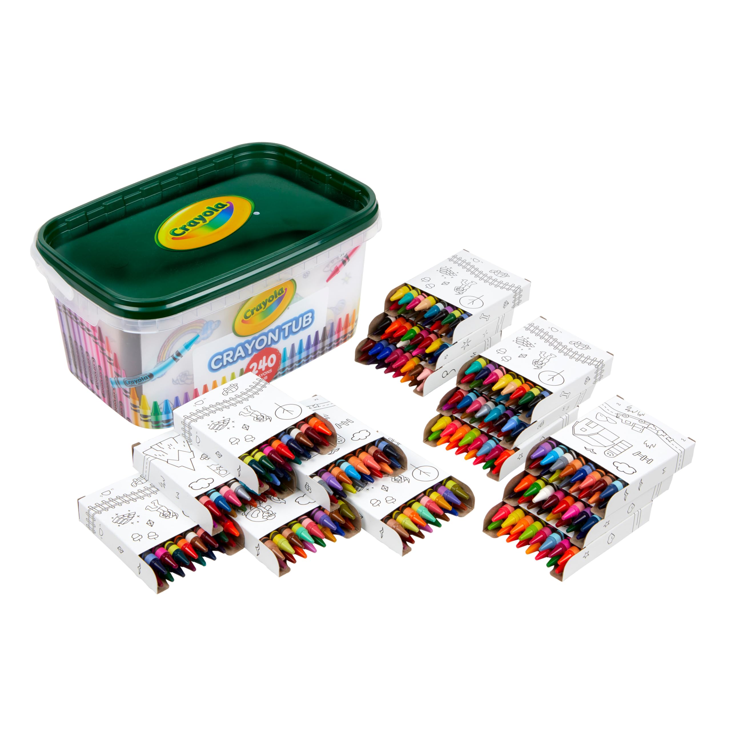 Crayola contenedor frontal mostrando 240 crayones organizados y fácil acceso