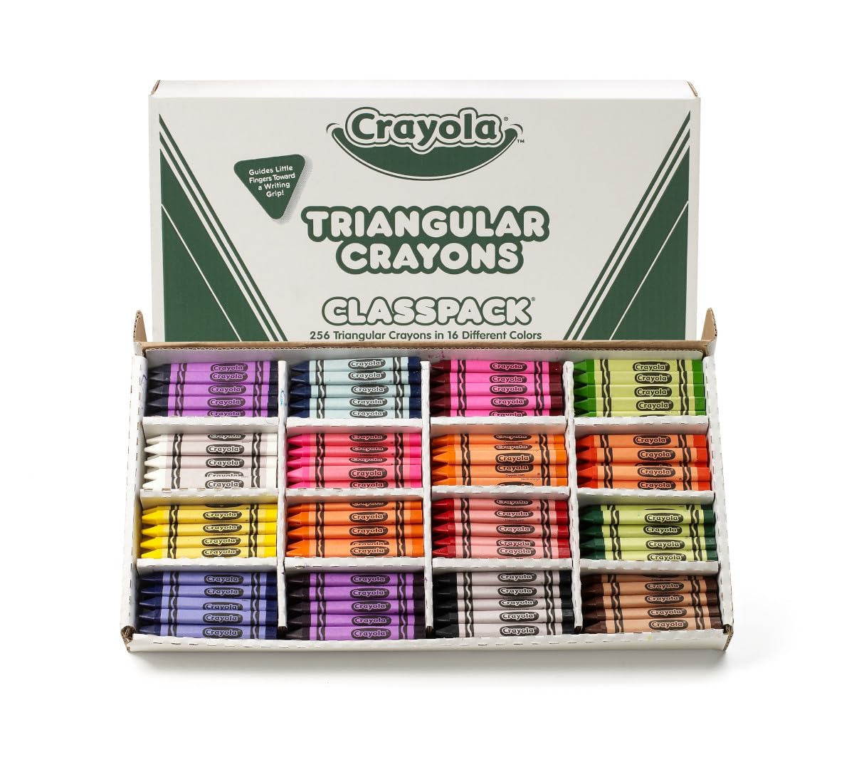 Crayola frente del estuche que muestra 256 crayones, facilita reposición