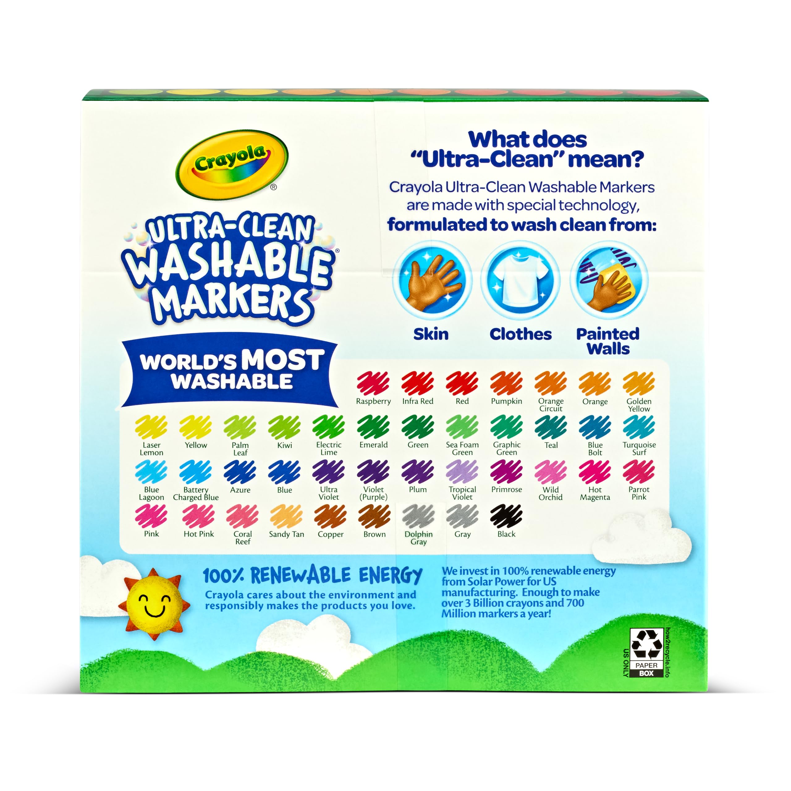 Crayola etiqueta informativa del envase, indica que la tinta es lavable