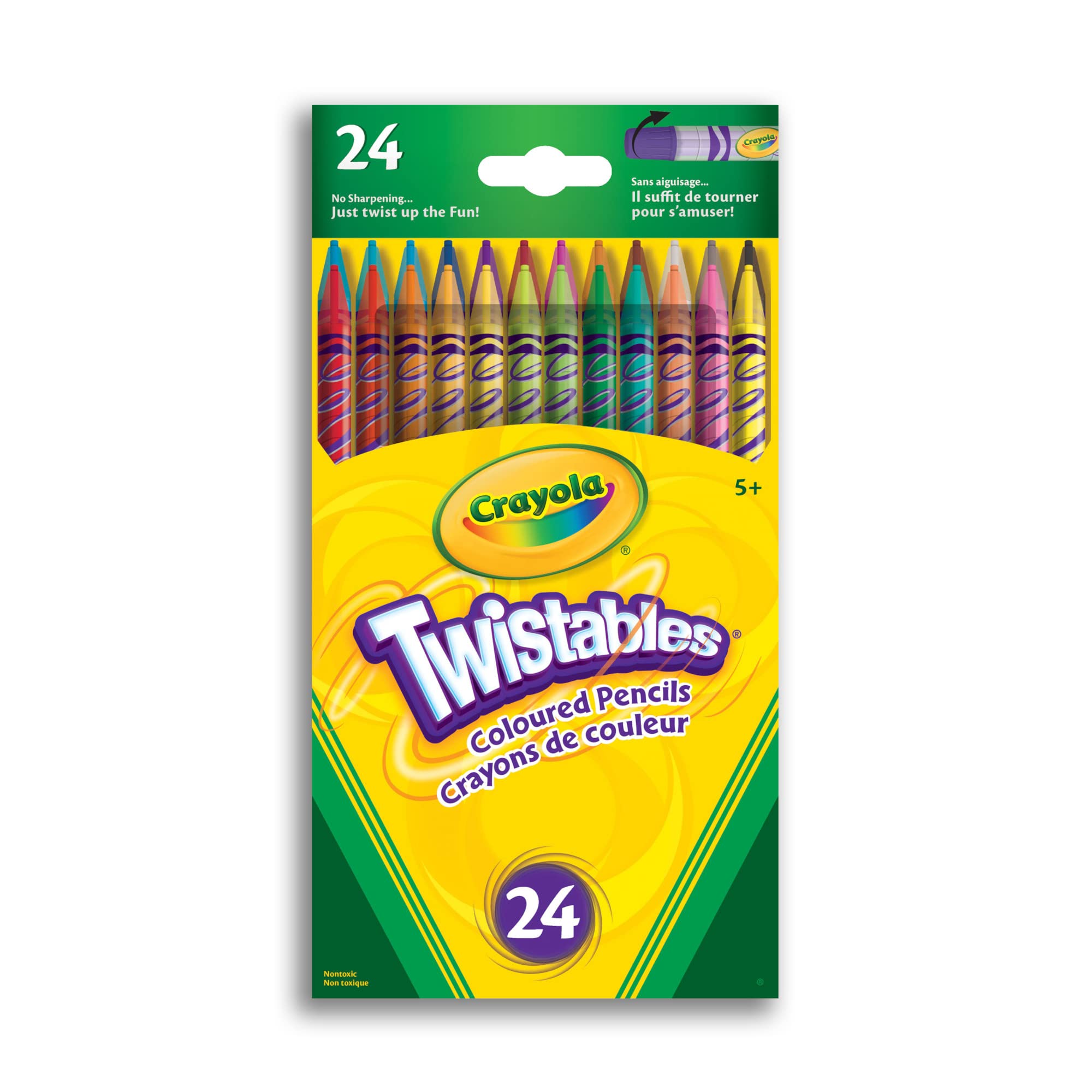 Crayola vista frontal con 24 Twistables y colores visibles, listo para usar