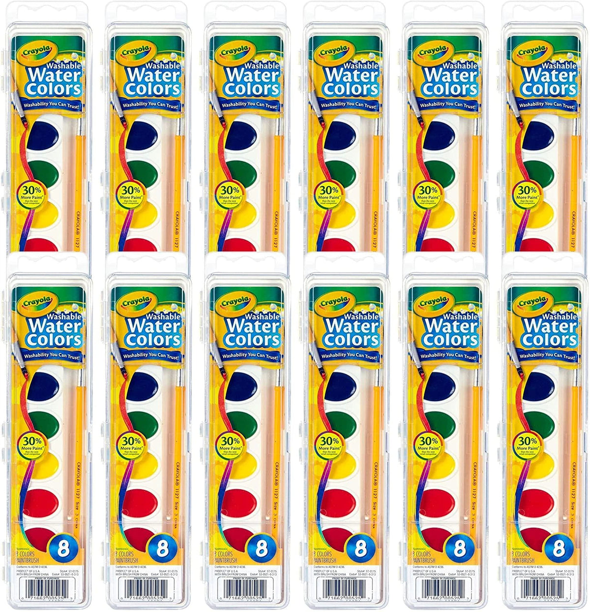 Crayola frontal del envase mostrando 12 sets y ahorro bulk