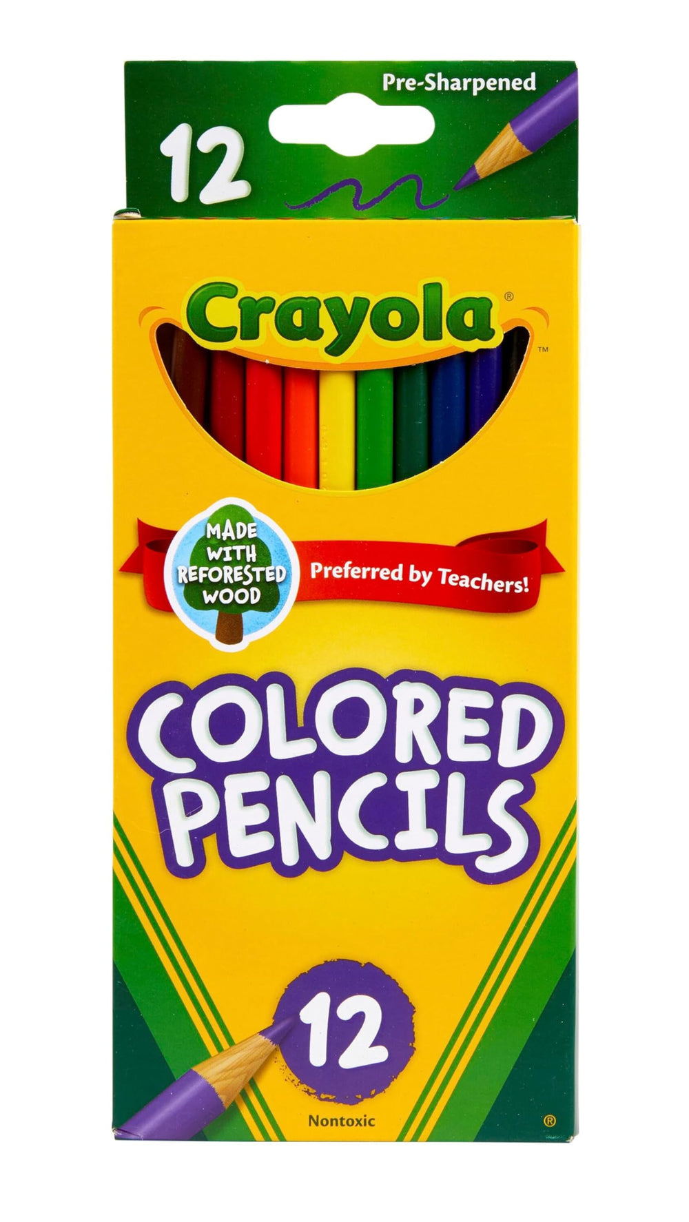 Crayola estuche frontal mostrando 12 colores variados y organización práctica