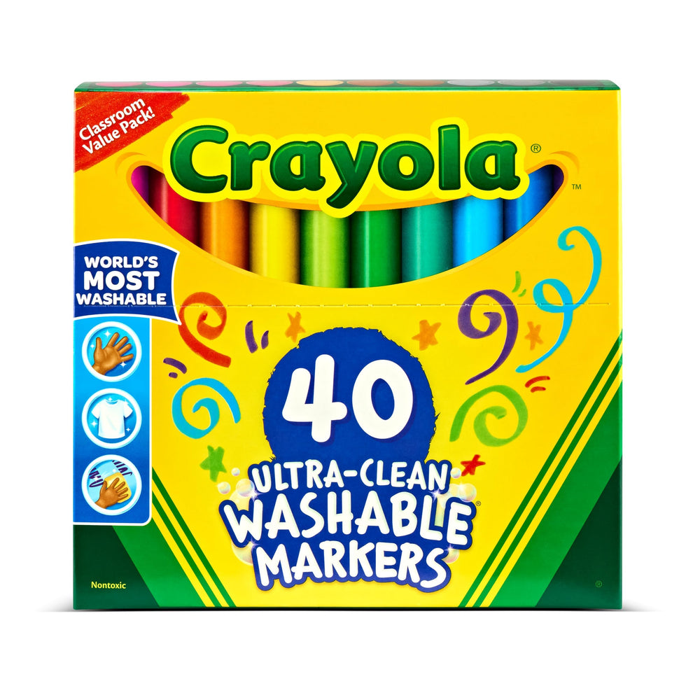Crayola rotuladores paquete frontal mostrando 40 colores, organización y selección fácil