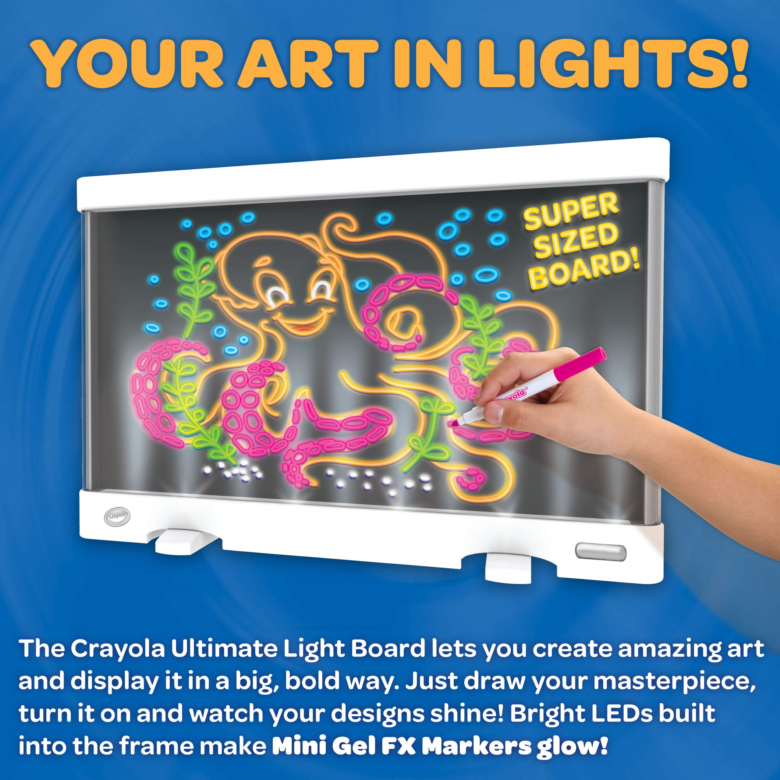 Close-up of Crayola Ultimate Light Board LED effects showing vivid colors and dramatic glow