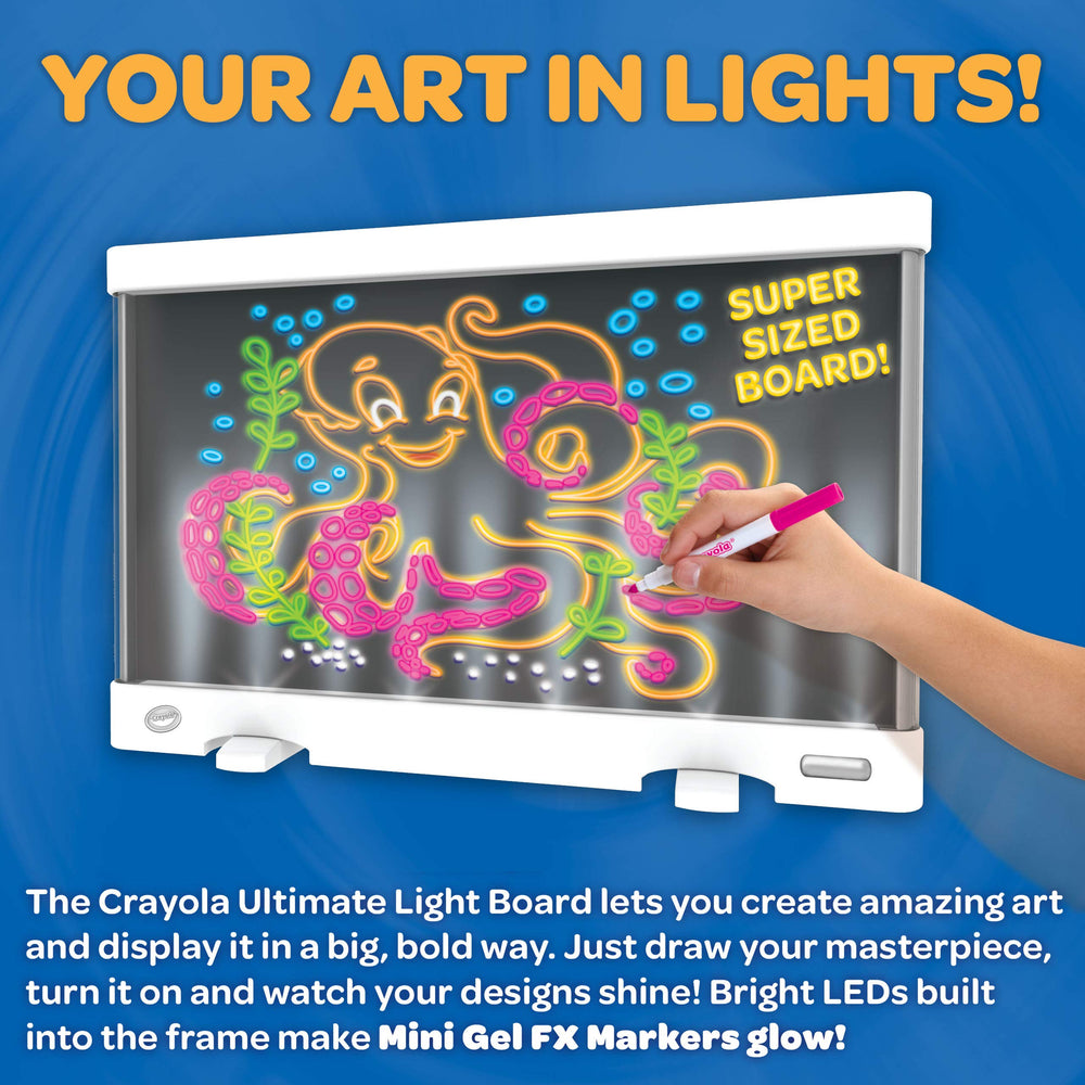 Close-up of Crayola Ultimate Light Board LED effects showing vivid colors and dramatic glow