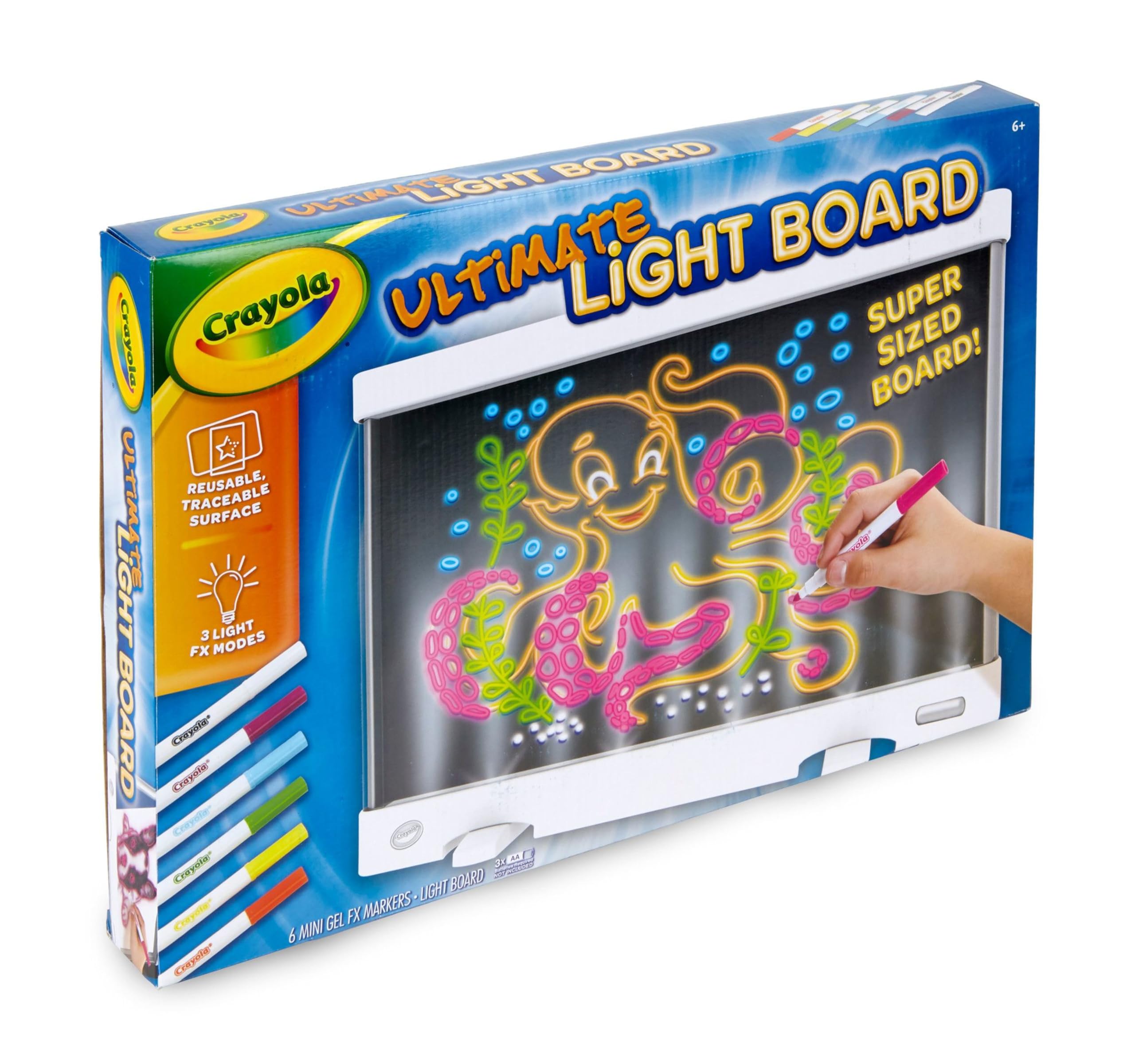 Crayola Ultimate Light Board marker storage area with six gel markers organized for tidy transport