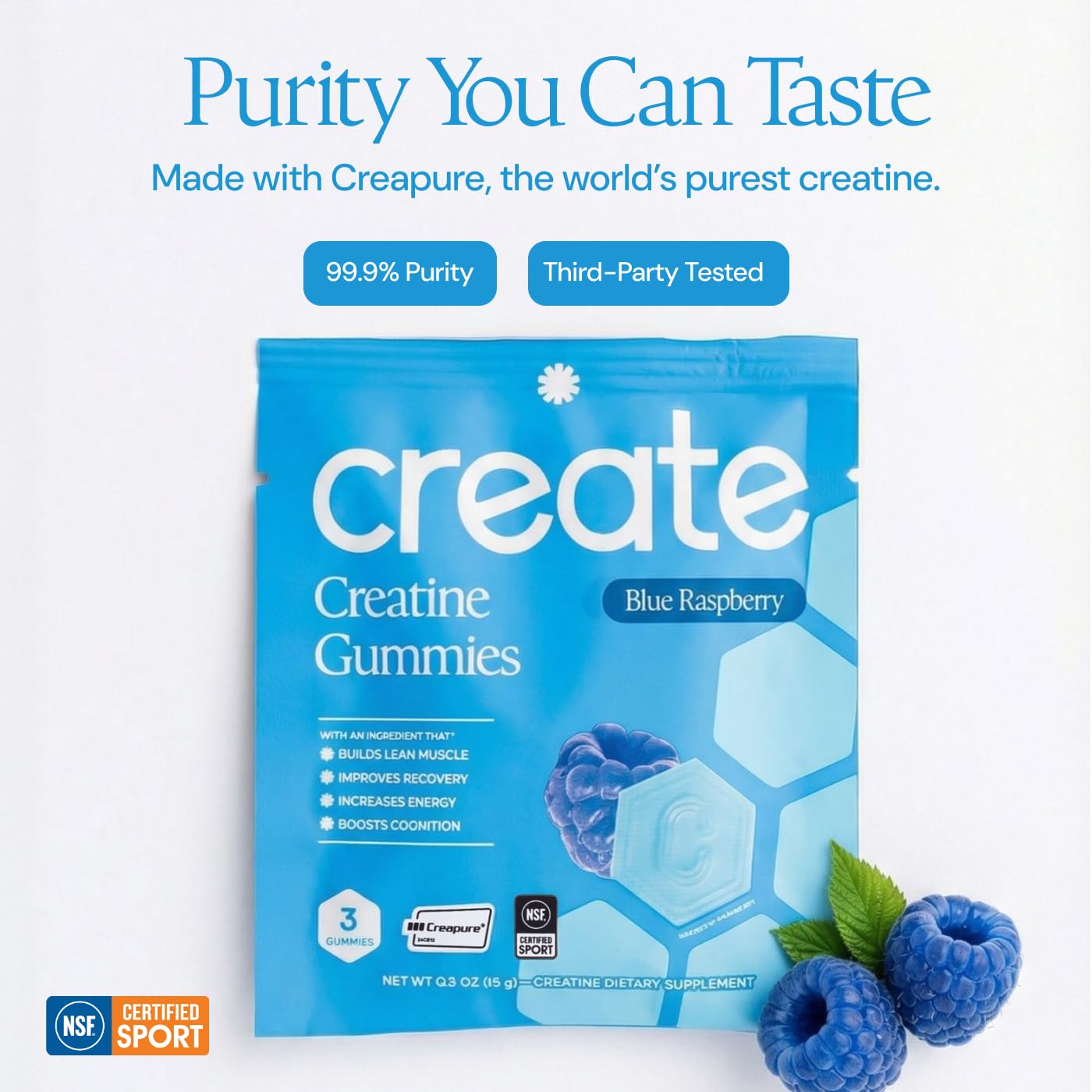 Create Creatine Gummies dentro de bolso de gimnasio demostrando transporte sin derrames