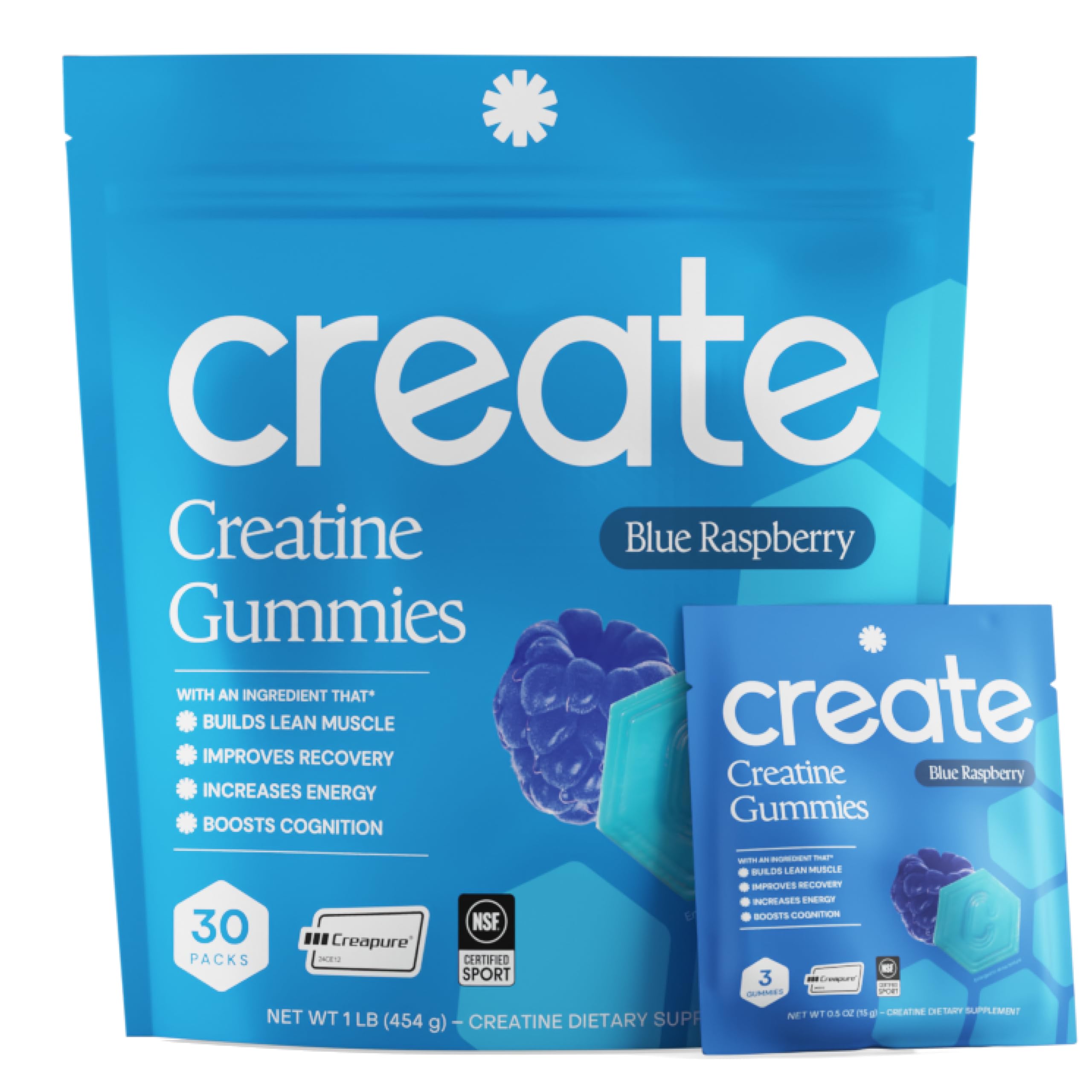 Create Creatine Gummies frente del empaque mostrando 30 sobres y beneficio de conveniencia