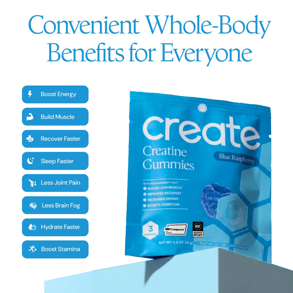 Create Creatine Gummies gomita en mano mostrando tamaño práctico y dosificación clara