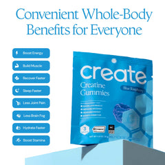 Create Creatine Gummies gomita en mano mostrando tamaño práctico y dosificación clara