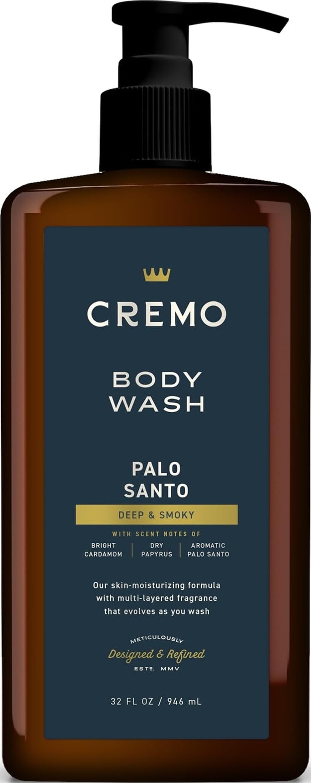 Cremo botella frontal mostrando etiqueta palo santo y beneficio fragancia duradera