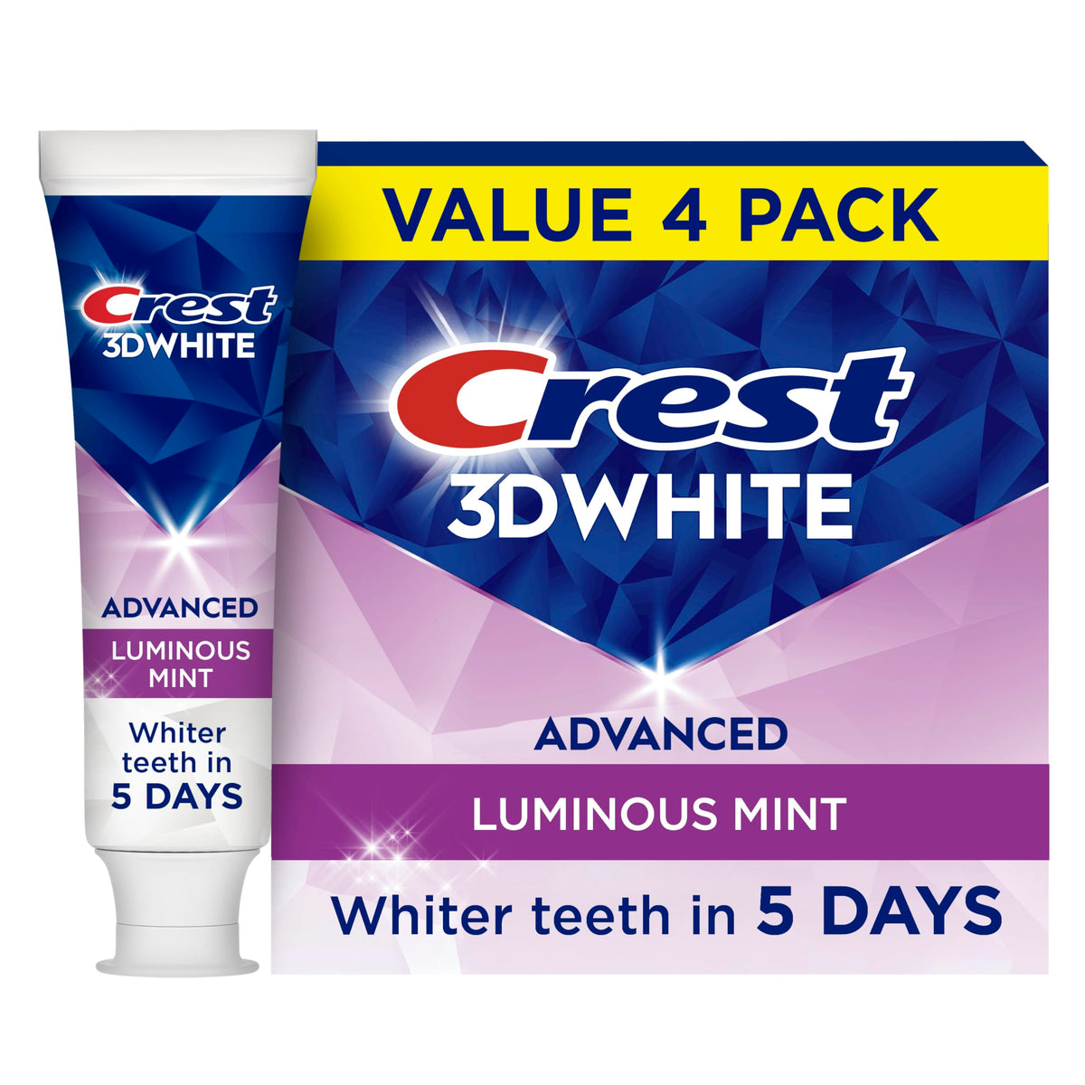 Crest 3D White Advanced vista frontal mostrando tubo y marca, claridad instantánea