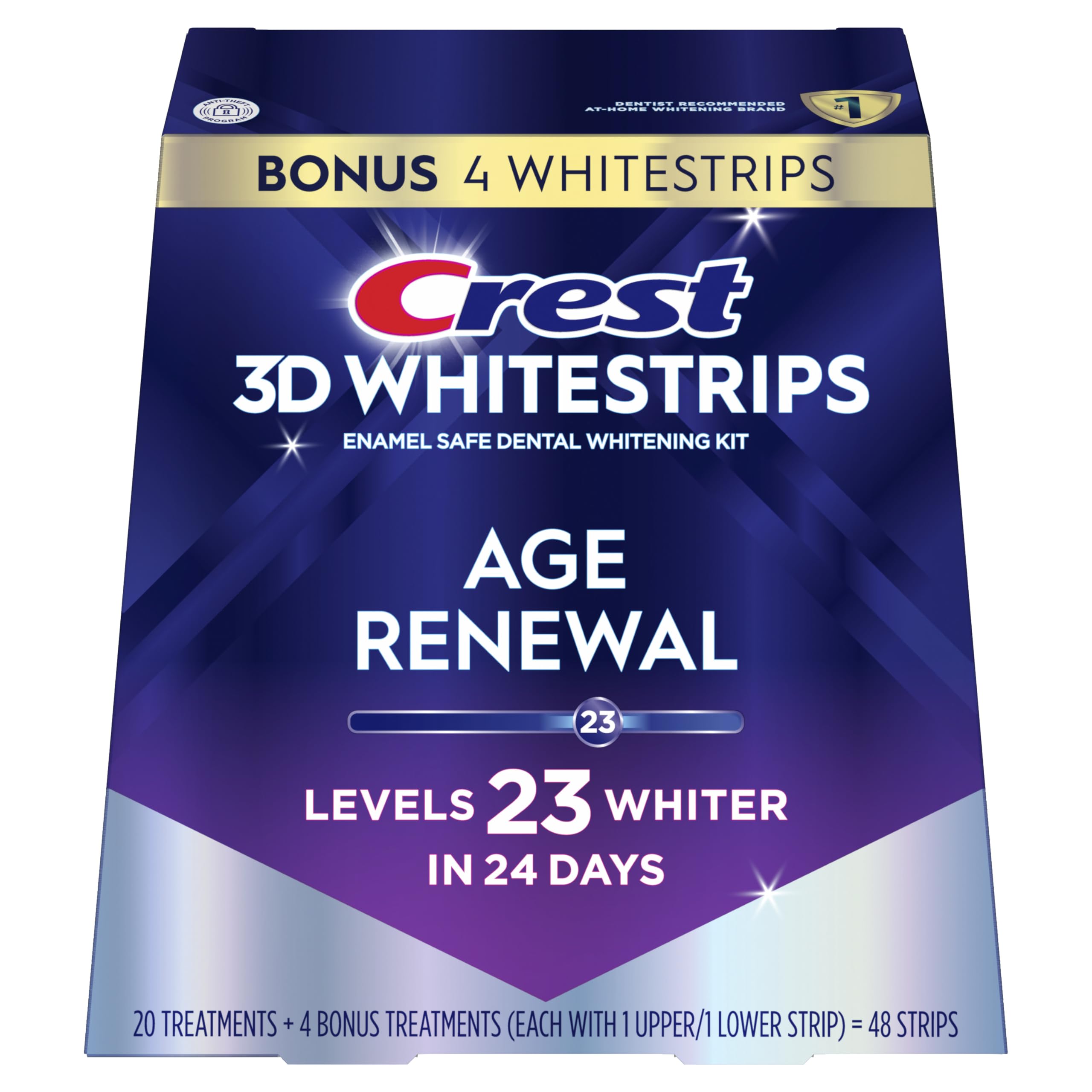 Crest 3D Whitestrips empaquetado frontal mostrando el kit y beneficios