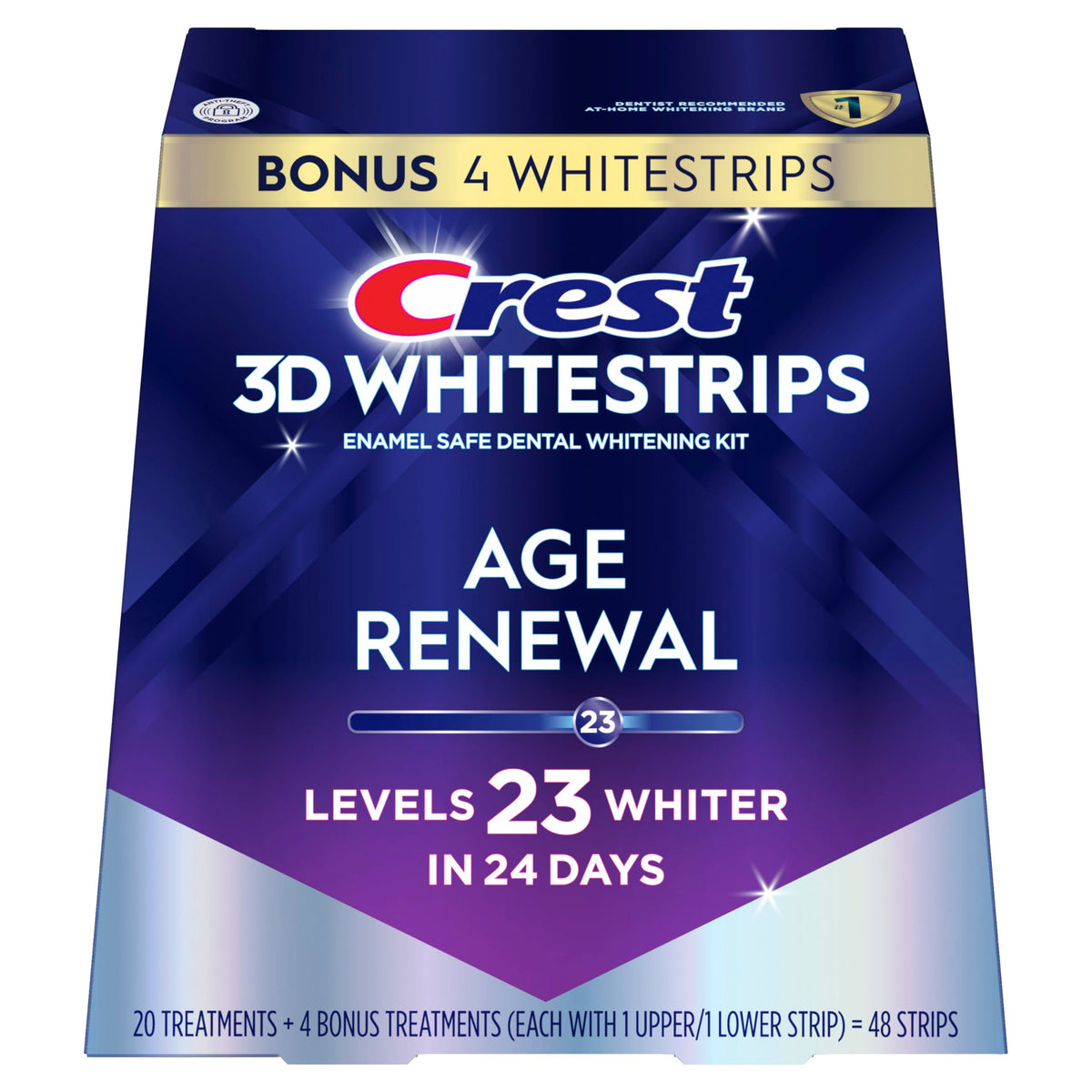 Crest 3D Whitestrips empaquetado frontal mostrando el kit y beneficios