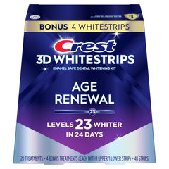 Crest 3D Whitestrips empaquetado frontal mostrando el kit y beneficios