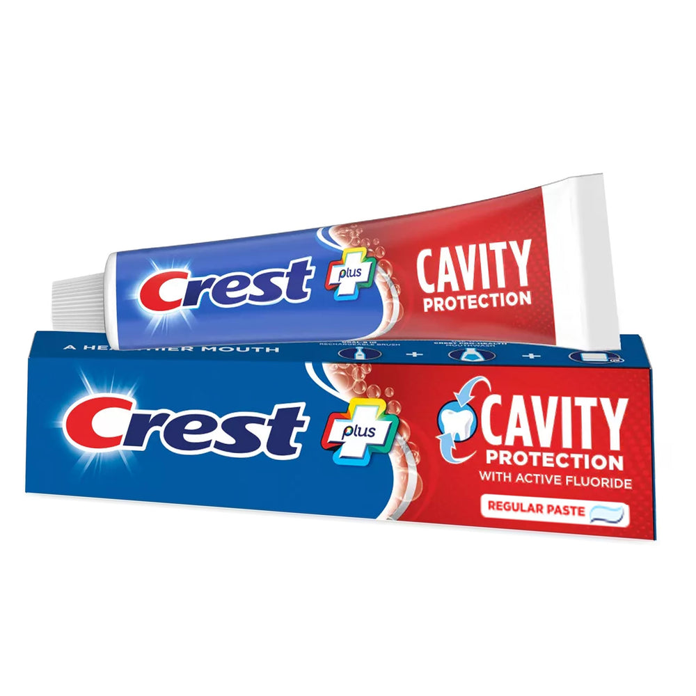 Crest pack de cuatro unidades apiladas indicando ahorro y stock
